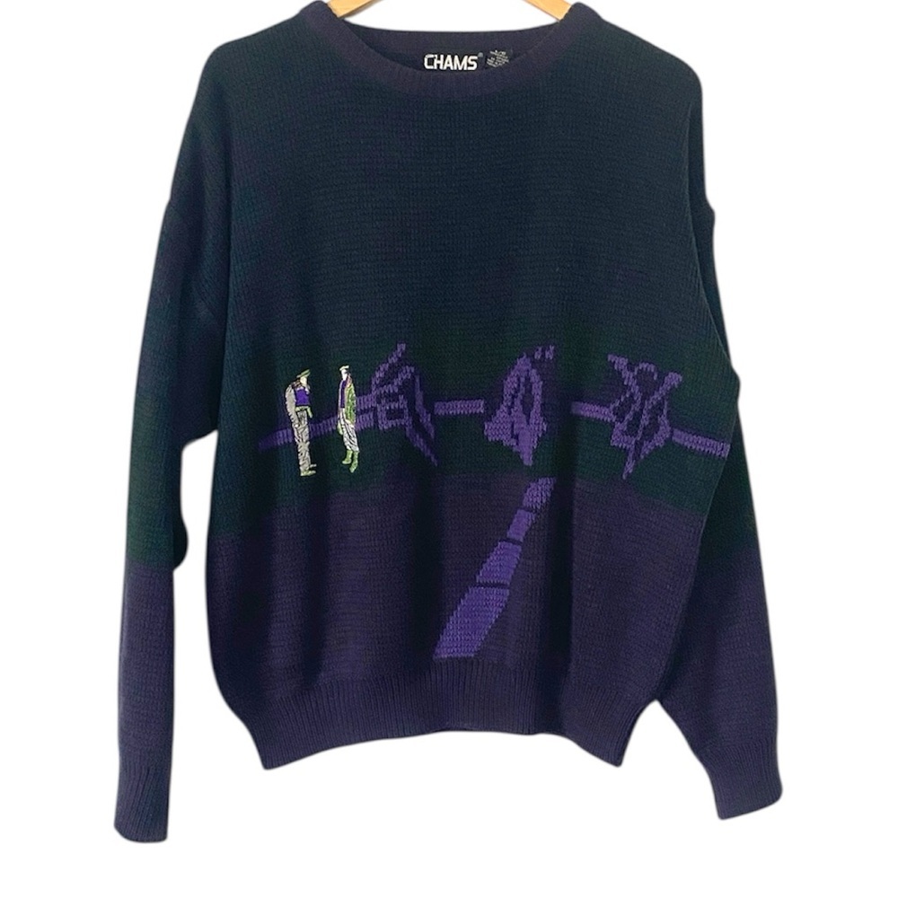 Vintage Chams Black green Purple Sweater golfers knit sweater size Large